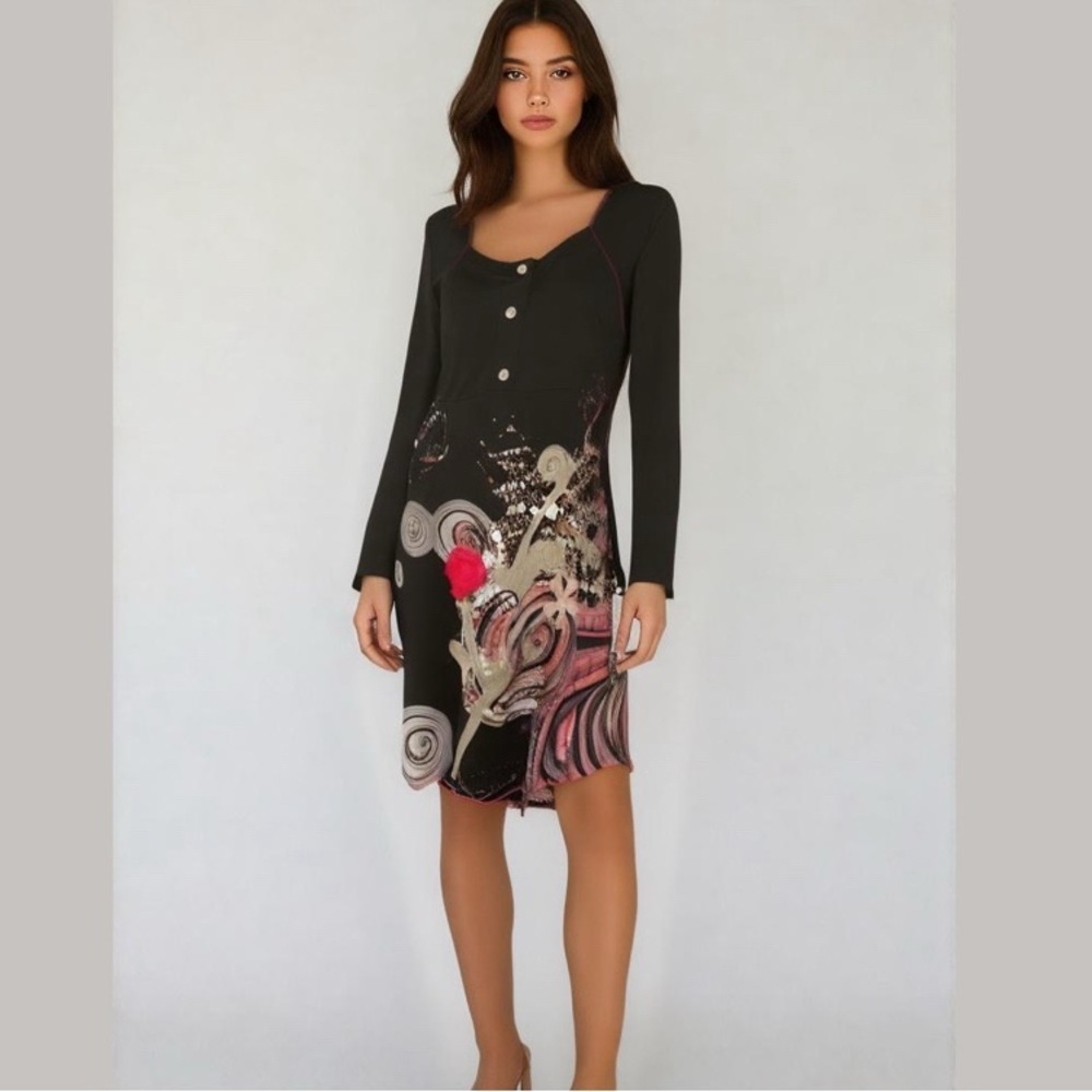 L33 Black and Red Flowers Long Sleeve Midi Dress